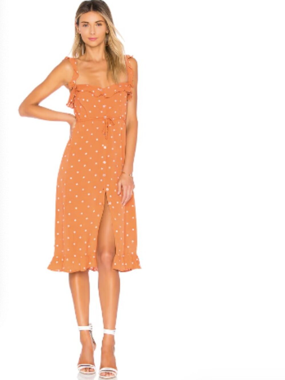 For Love and Lemons Natalia Midi Polka Dot Orange Saffron Dress XS - Picture 4 of 16